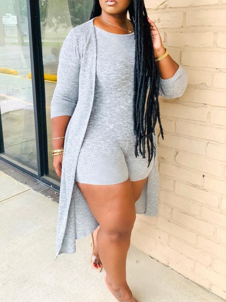 LovelyWholesale Plus Size Round Neck Rib Knit Romper Set Spring Long Sleeve Casual Solid Color Round Neck  5X Spring Summer 2024