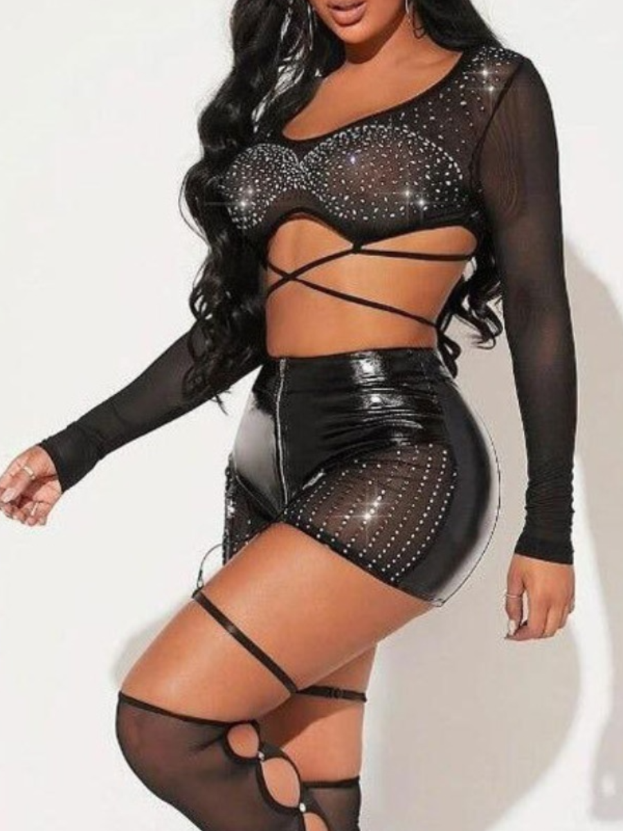 LW SXY Plus Size Faux Leather Rhinestone See Through Shorts Set