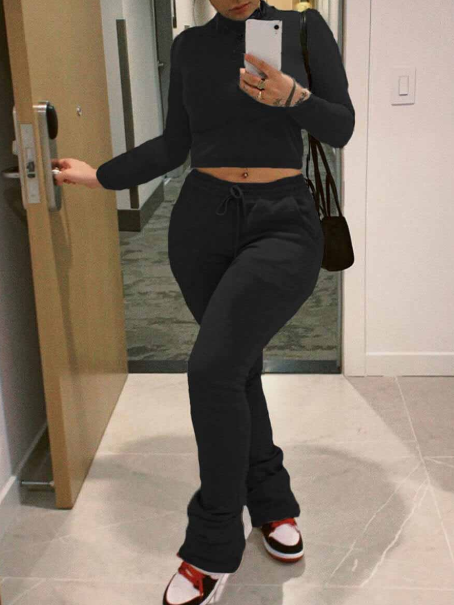 LovelyWholesale BASICS Crop Top Drawstring Stacked Tracksuit Set Fall Long Sleeve Street Ruched Mandarin Collar Spring Summer 2024