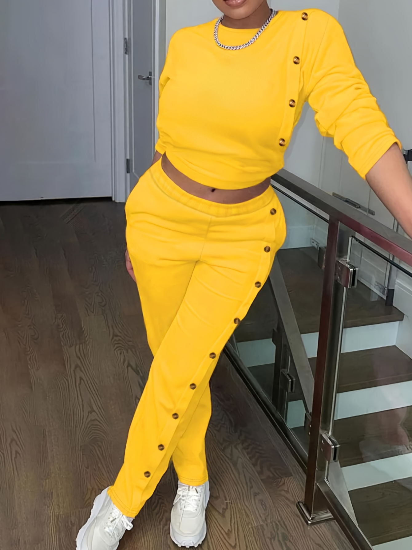 LW BASICS Plus Size Crop Top Button Design Pants Set