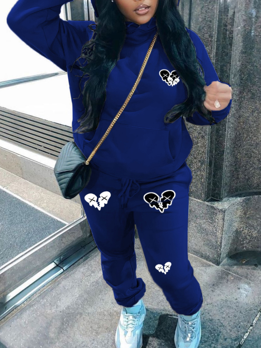LW Plus Size Heart Print Kangaroo Pocket Tracksuit Set