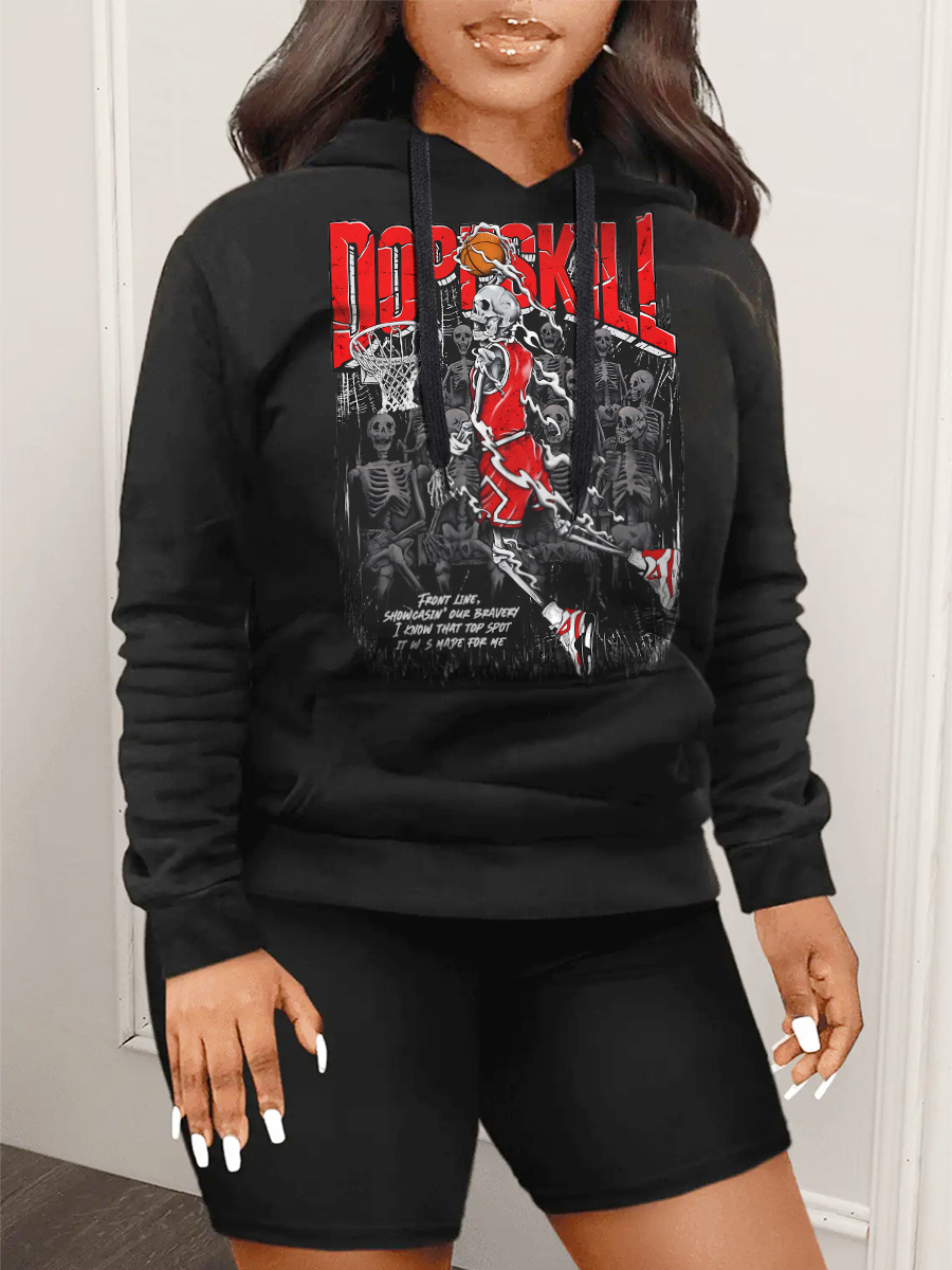 LovelyWholesale Plus Size Skeleton Letter Print Kangaroo Pocket Hoodie Fall Long Sleeve Casual Hooded Collar  5X Spring Summer 2024