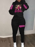 LW Plus Size Figure Letter Print Kangaroo Pocket Tracksuit Set
