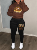 LW Lip Letter Print Kangaroo Pocket Tracksuit Pants Set