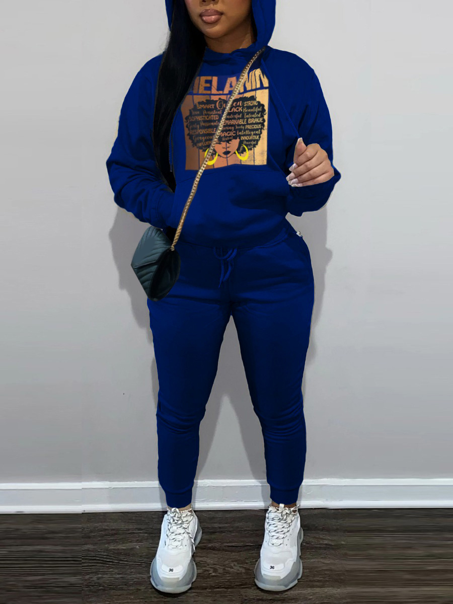 LovelyWholesale Figure Melanin Letter Print Tracksuit Set Fall Long Sleeve Casual Pattern Hooded Collar Spring Summer 2024