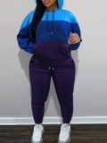LW BASICS Plus Size Kangaroo Pocket Patchwork Drawstring Tracksuit Set
