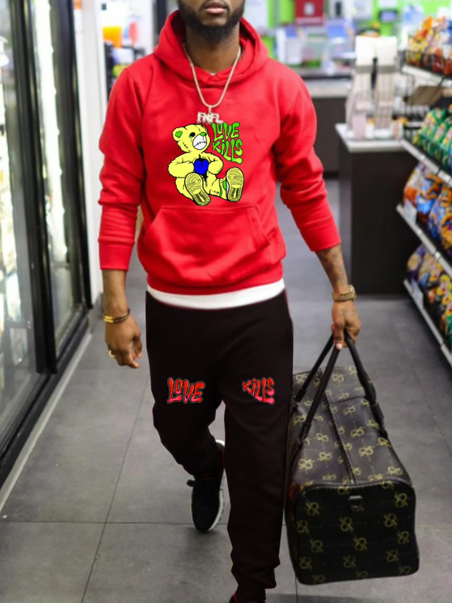 LW Men Teddy Bear Letter Print Kangaroo Pocket Tracksuit Set