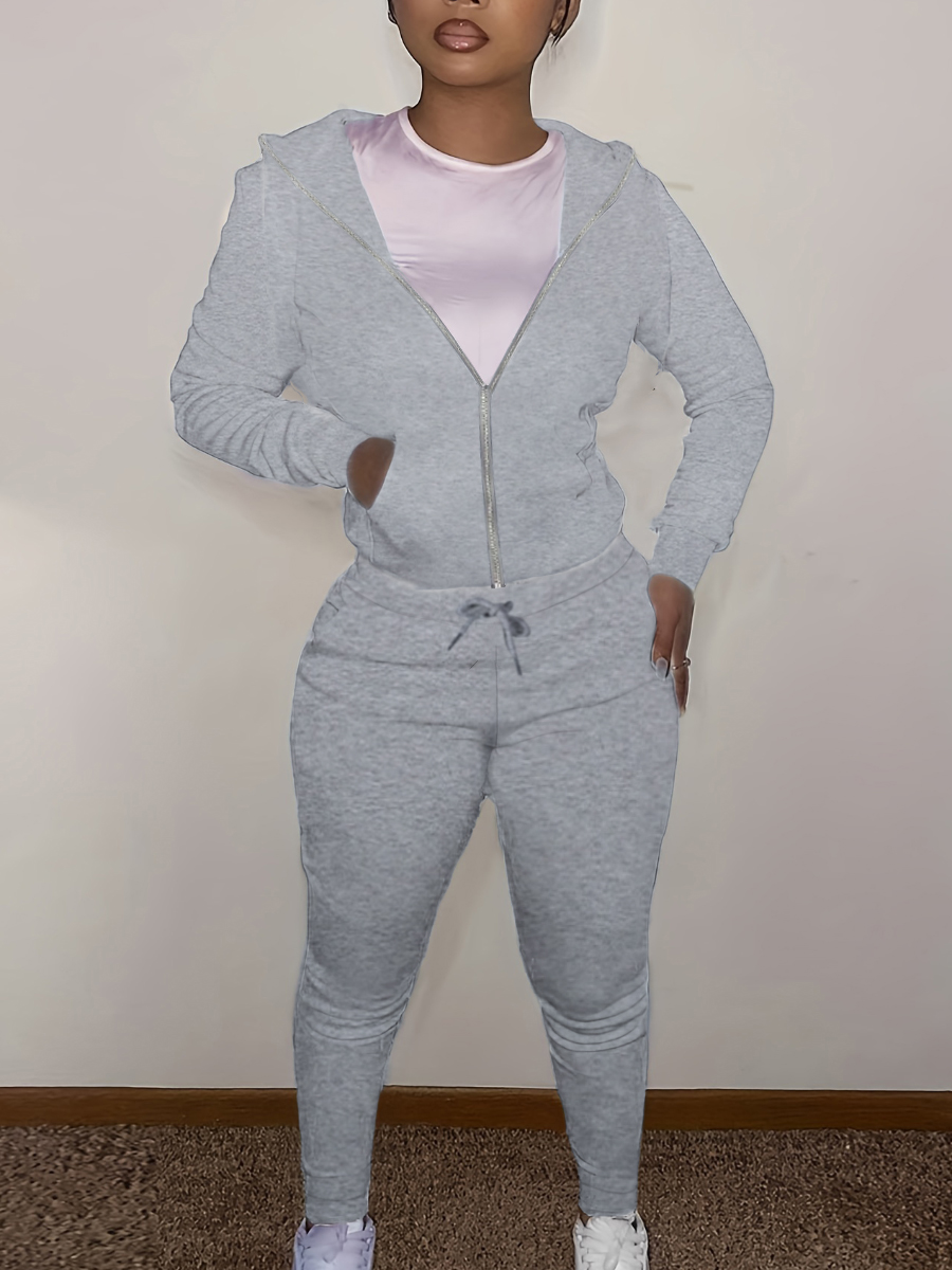 LW BASICS Plus Size Kangaroo Pocket Drawstring Tracksuit Set