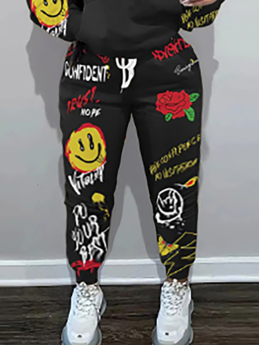 LW Cartoon Floral Letter Print Drawstring Sweatpants