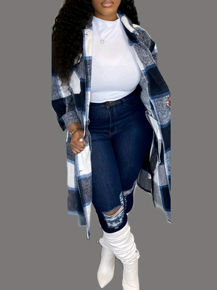 LovelyWholesale Plus Size Plaid Print Loose Wool Winter Nine Points Sleeve Casual Pattern Turndown Collar  5X Spring Summer 2024