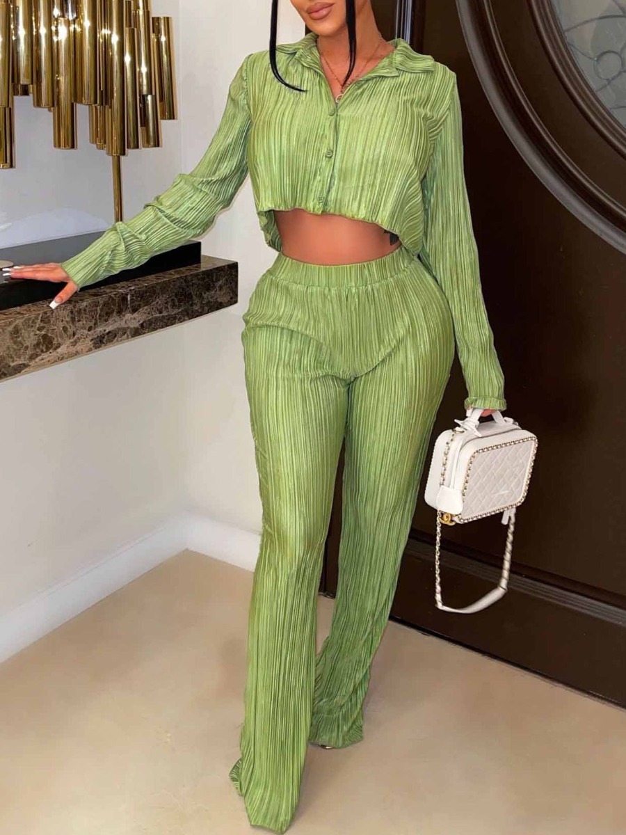 LW BASICS Crop Top Lettuce Trim High Waist Pants Set