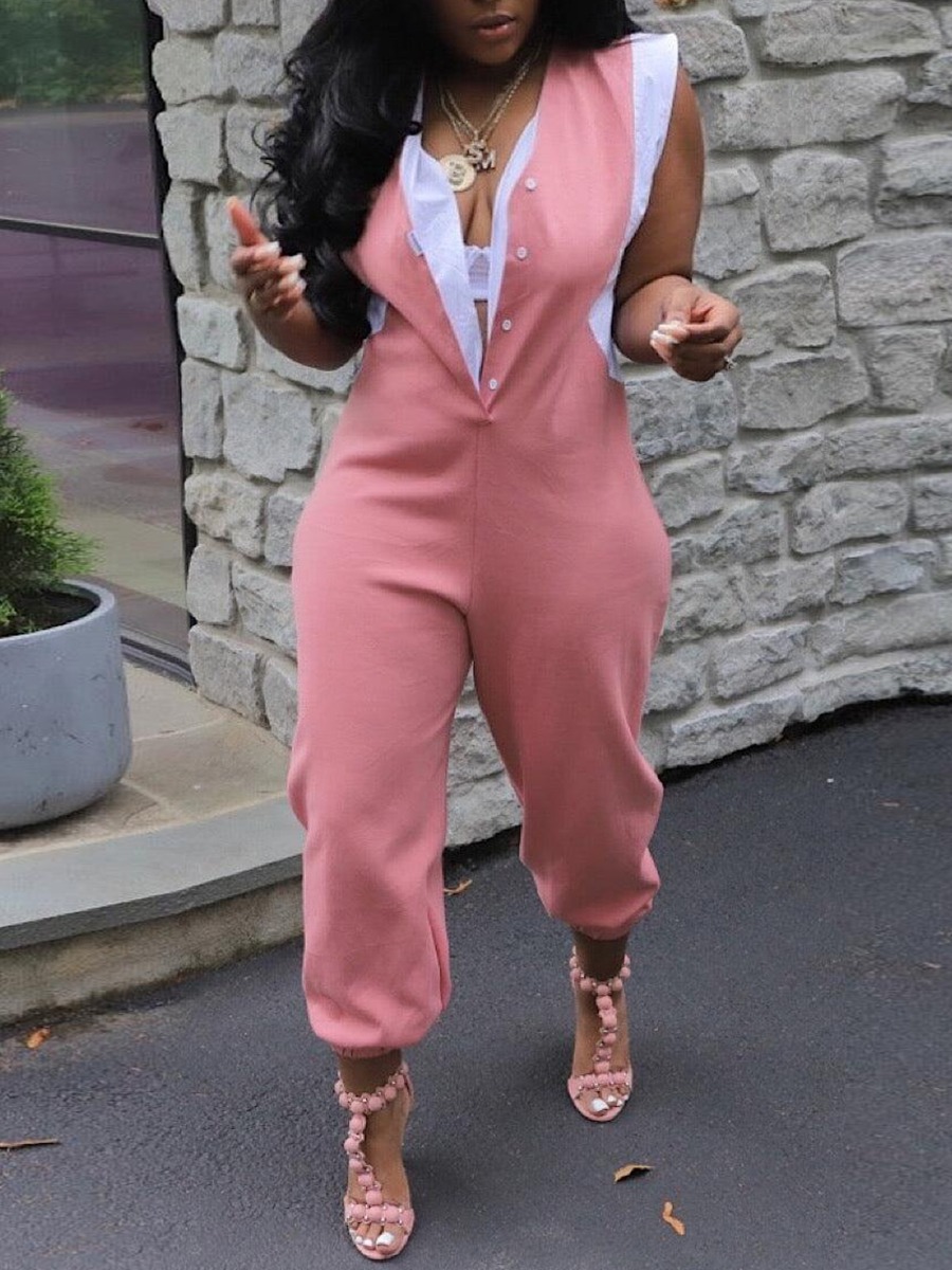 LW Plus Size Button Design Color Block Skinny Jumpsuit