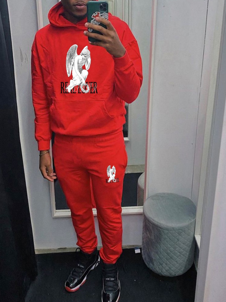 LW Men Figure Letter Print Kangaroo Pocket Tracksu