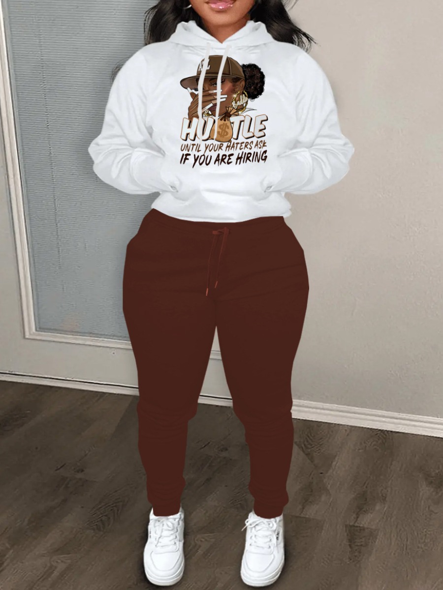 LW Plus Size Figure Letter Print Kangaroo Pocket Tracksuit Set