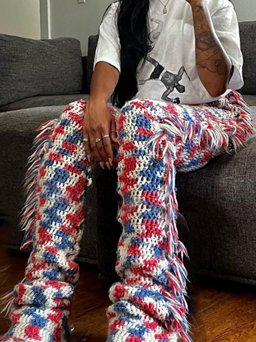 LW Plaid Print Tassel Design Knit Flared Pants