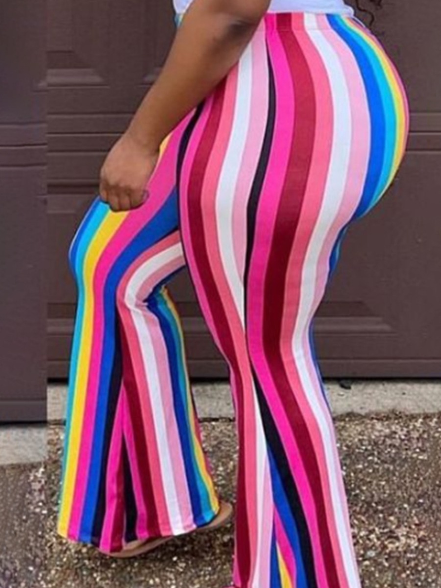 LW Plus Size High Waist Rainbow Striped Flared Pan