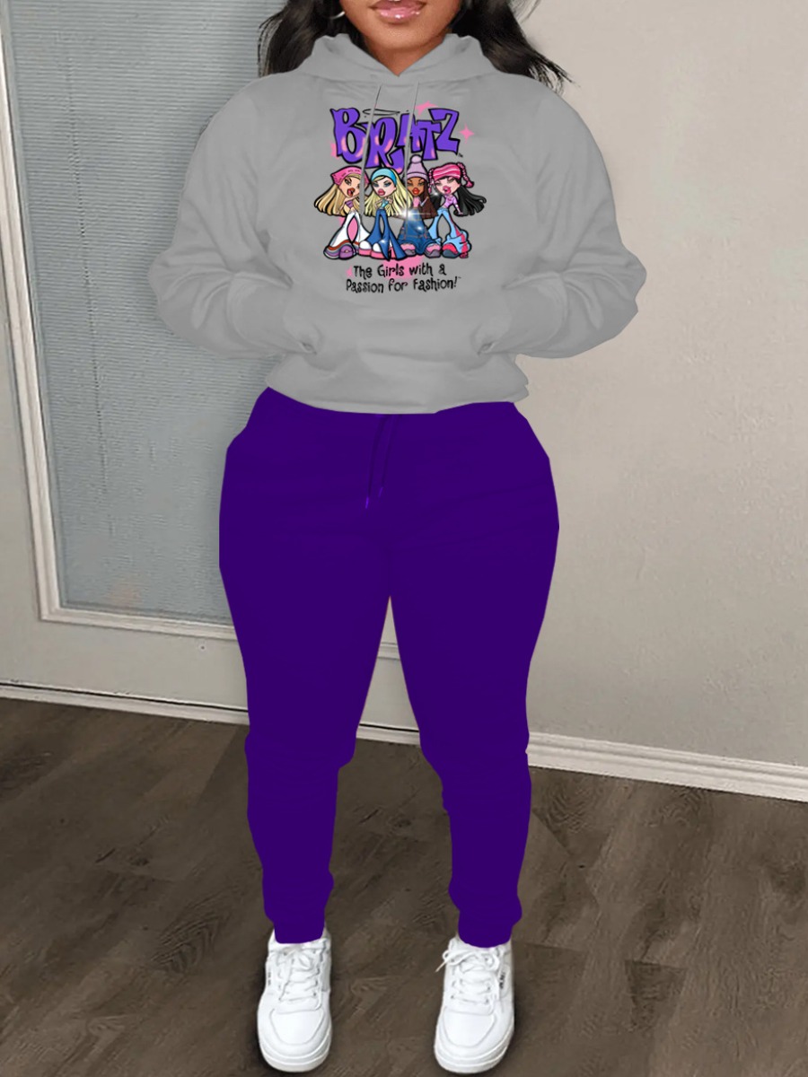 LW Plus Size Cartoon Letter Print Kangaroo Pocket Tracksuit Set