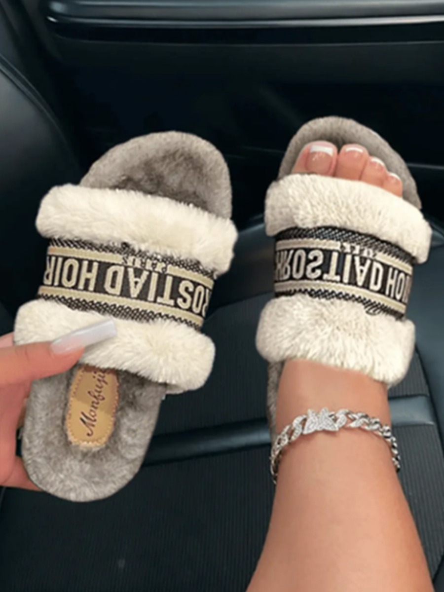 LW Letter Print Plush Slippers