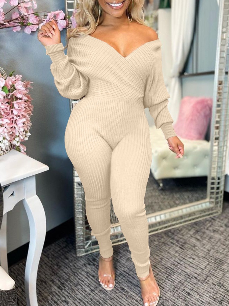 LovelyWholesale BASICS Off The Shoulder Rib Knit Jumpsuit Fall Long Sleeve Casual Solid Color V Neck Spring Summer 2024