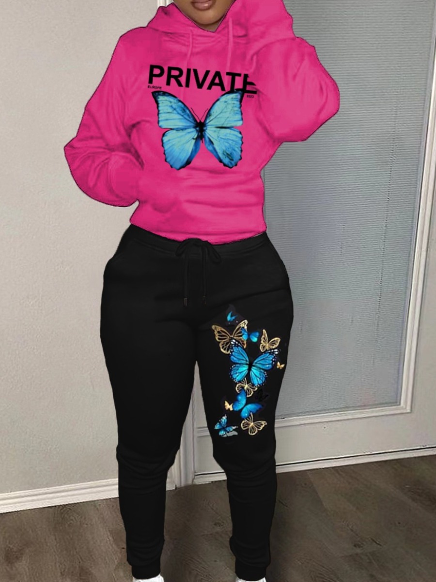 LovelyWholesale Plus Size Butterfly Letter Print Kangaroo Pocket Tracksuit Set Fall Long Sleeve Casual Hooded Collar  3X Spring Summer 2024