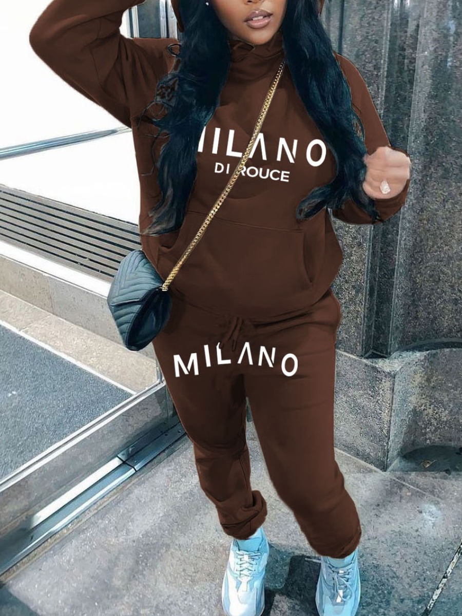 LW Plus Size Letter Print Kangaroo Pocket Tracksui