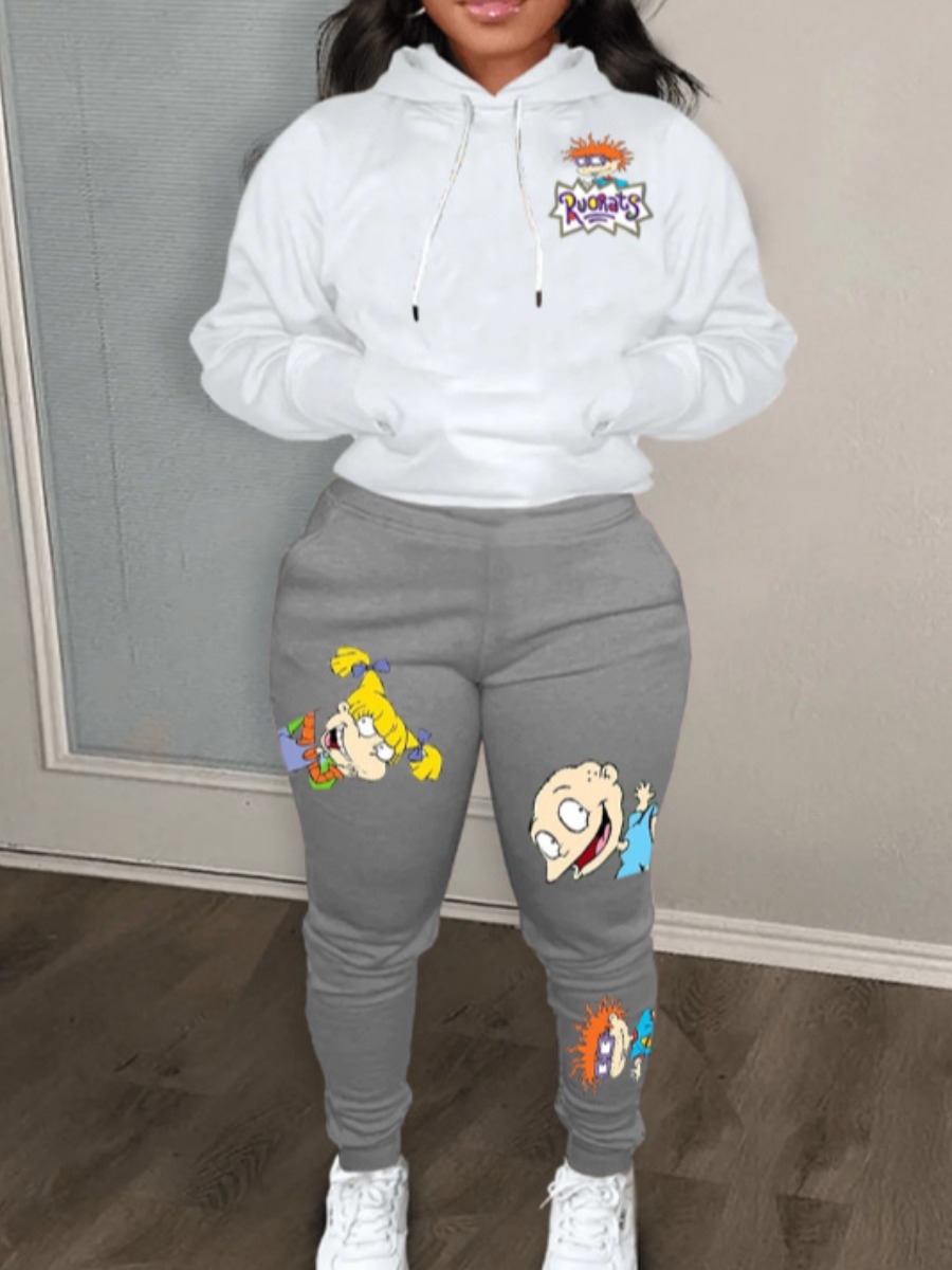 LW Plus Size Cartoon Print Kangaroo Pocket Tracksuit Set