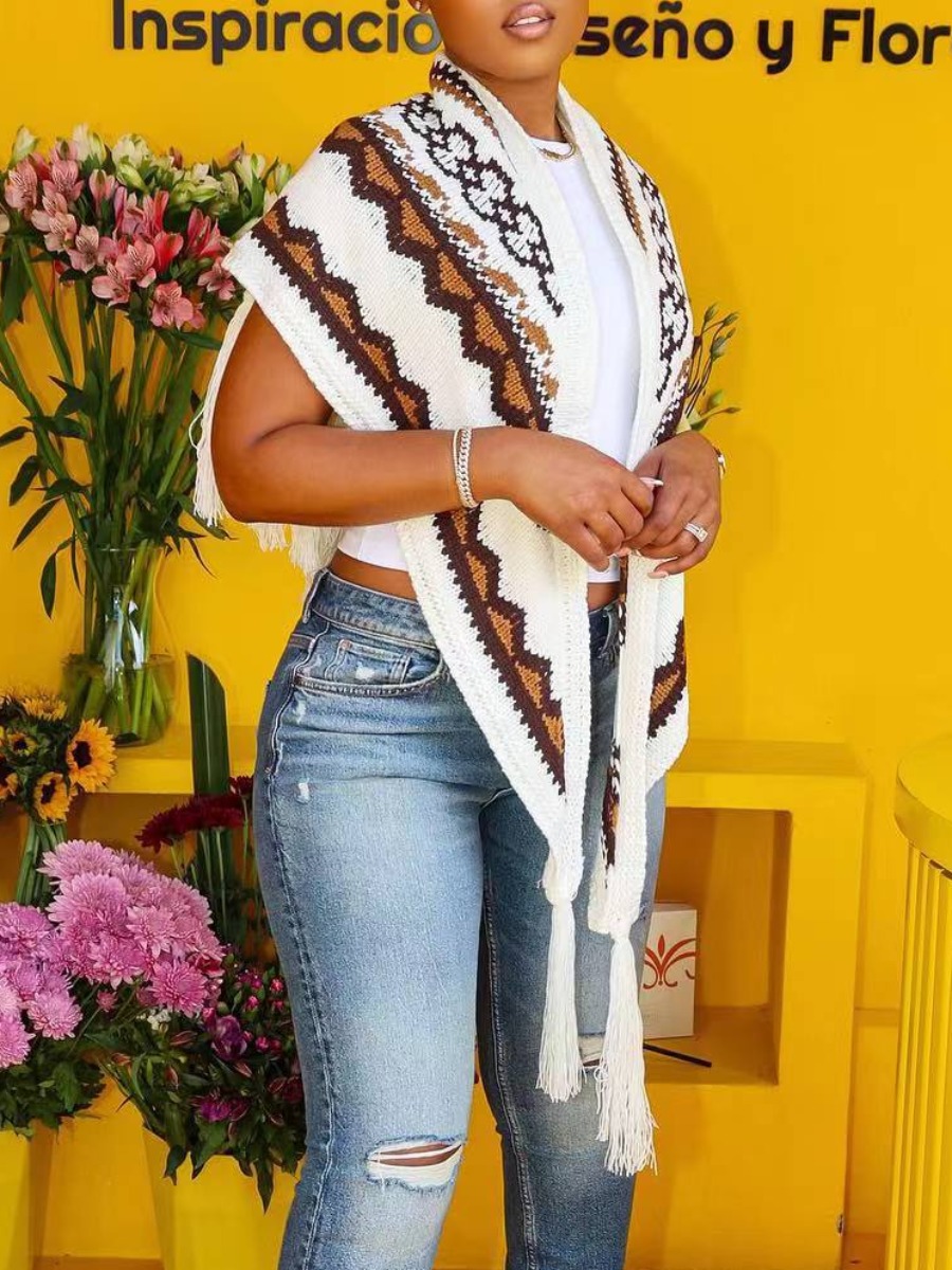 LW Plus Size Geometric Print Tassel Design Cardigan