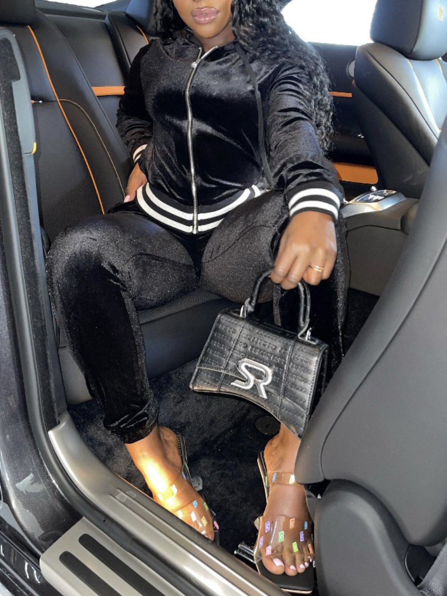 LovelyWholesale BASICS Velvet Striped Drawstring Pants Set Fall Long Sleeve Casual Hooded Collar Spring Summer 2024