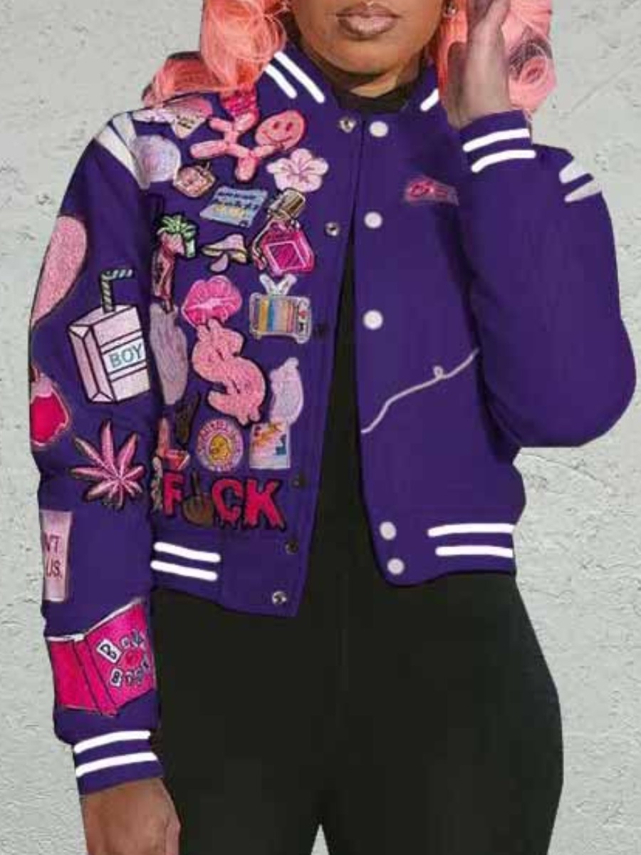 LW Plus Size Cartoon Lip Letter Decor Striped Jacket
