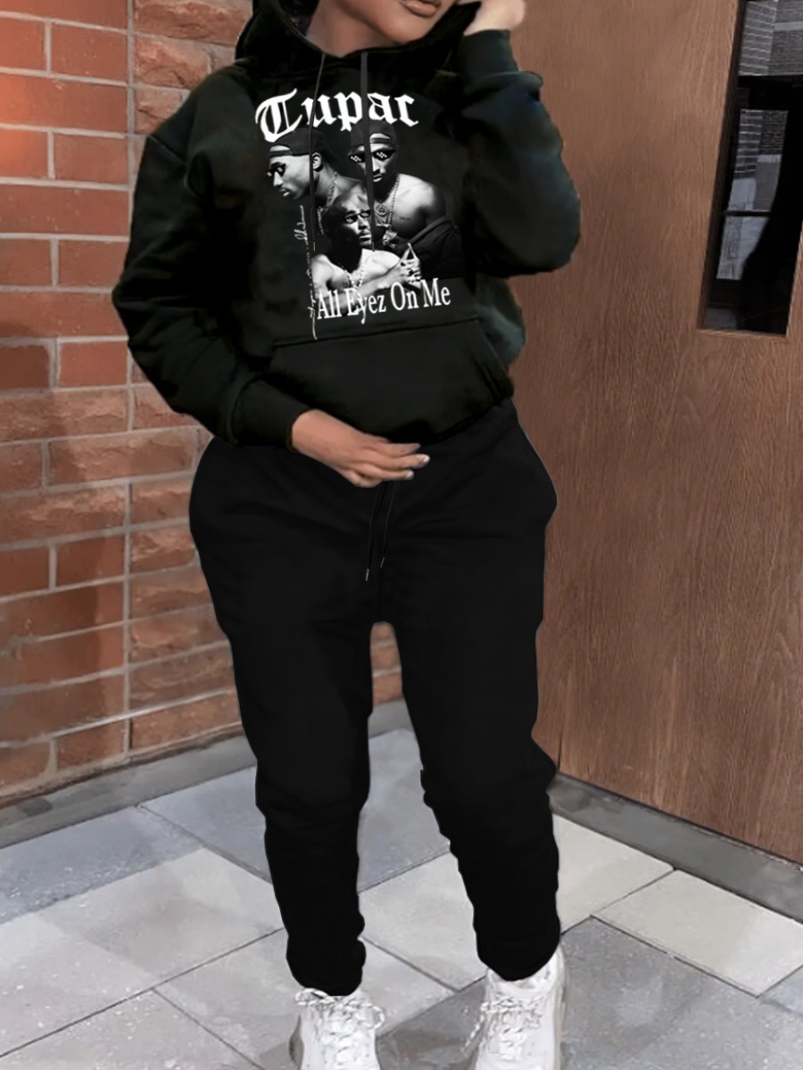 LW Plus Size Figure Letter Print Kangaroo Pocket Tracksuit Set