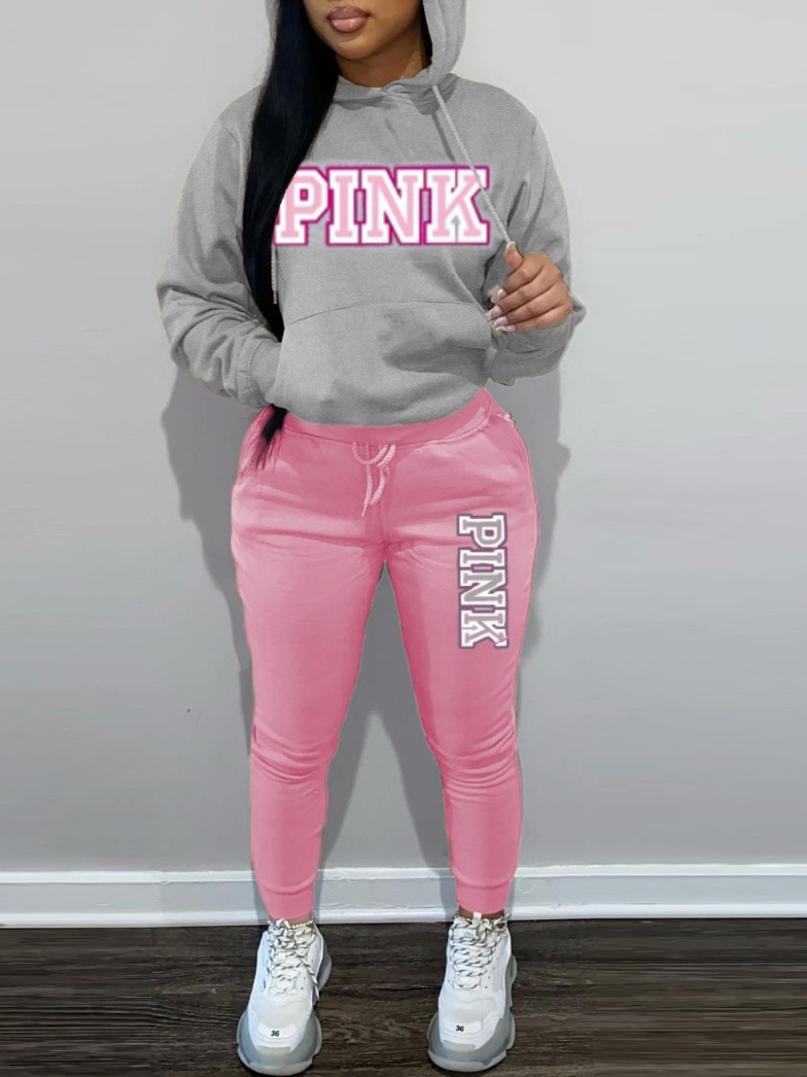 LW Plus Size Pink Letter Print Kangaroo Pocket Tracksuit Set