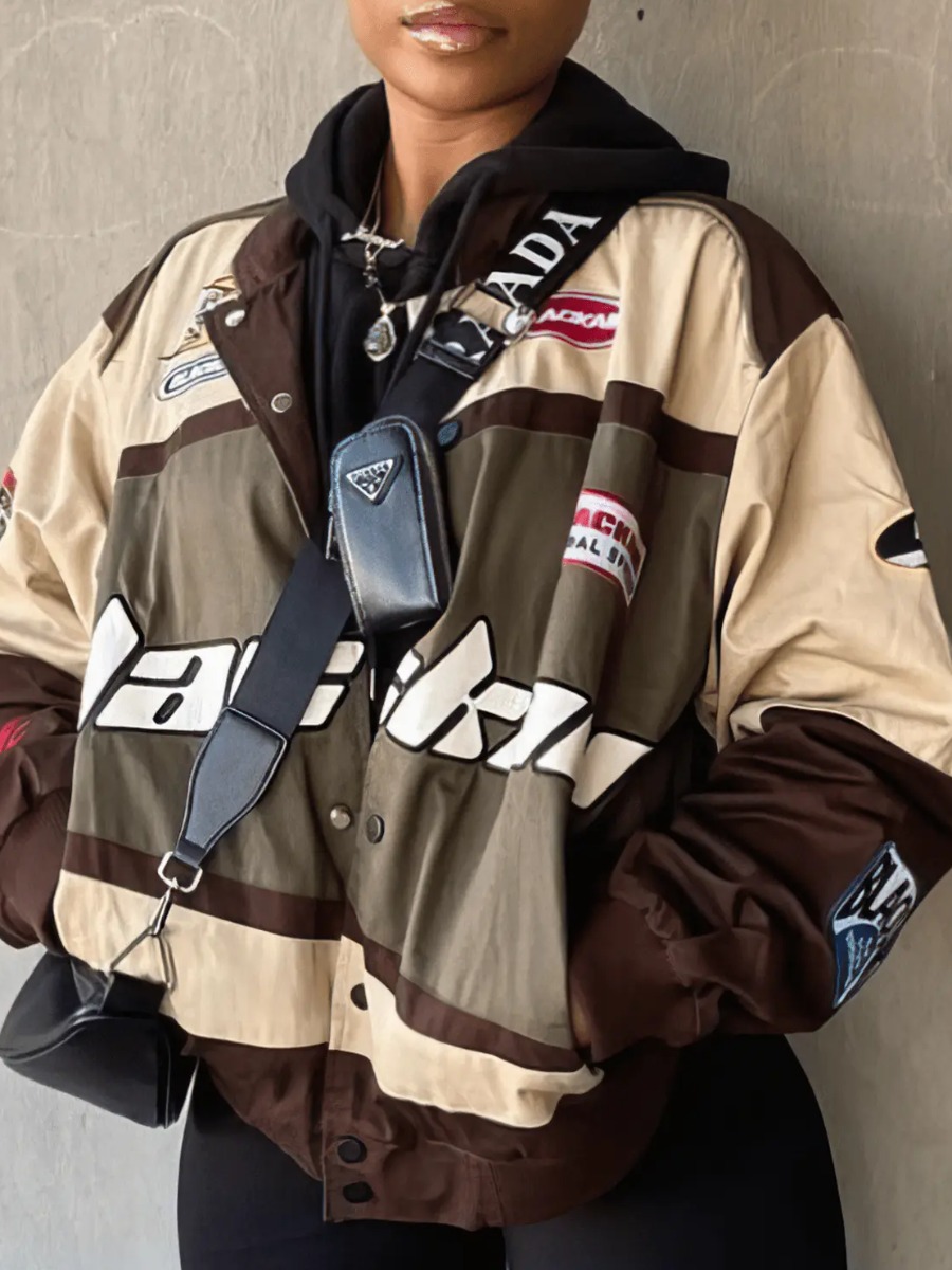 LovelyWholesale Letter Print Patchwork Jacket Fall Nine Points Sleeve Street Turndown Collar Spring Summer 2024