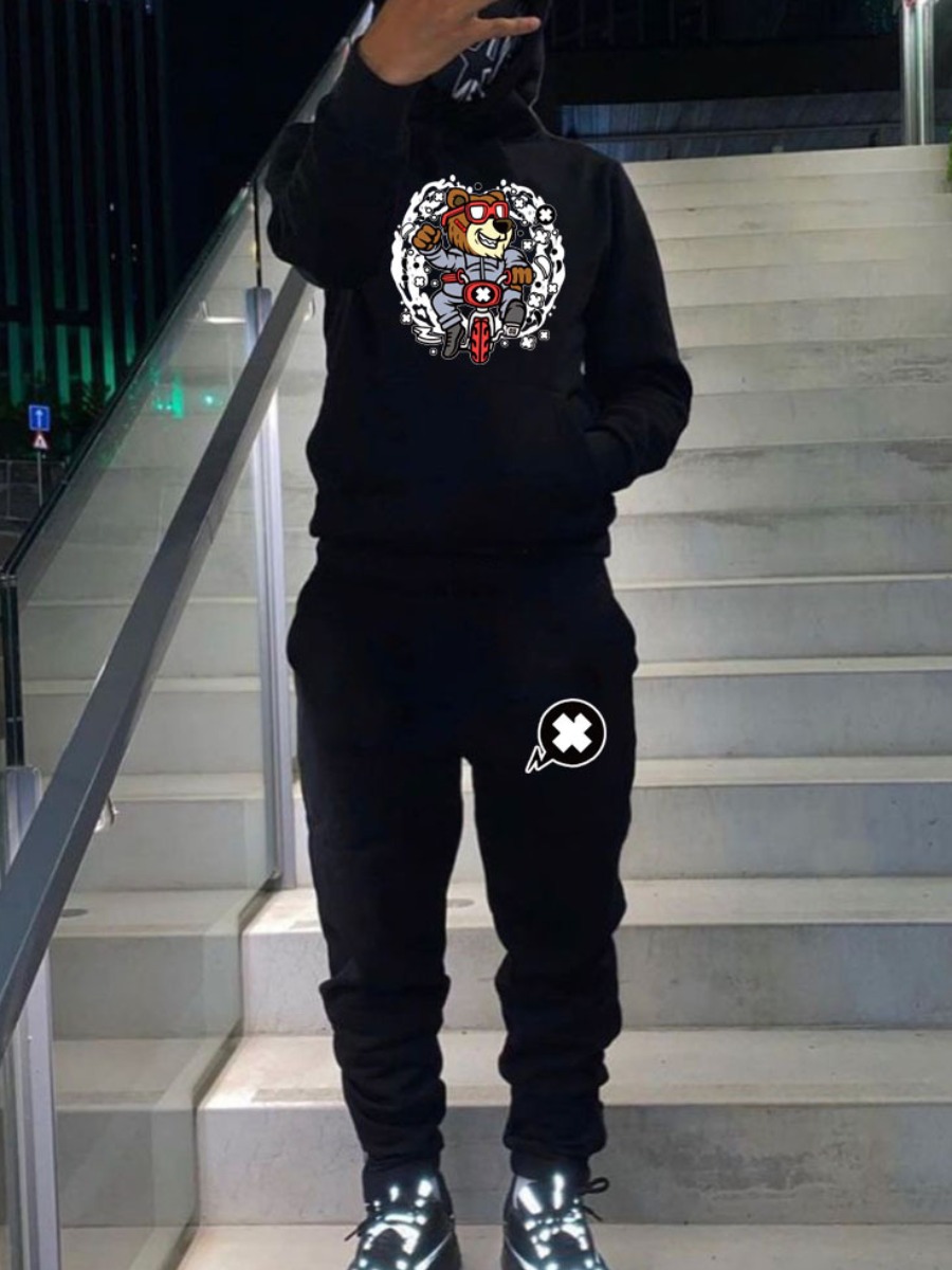 LW Men Cartoon Print Kangaroo Pocket Tracksuit Set