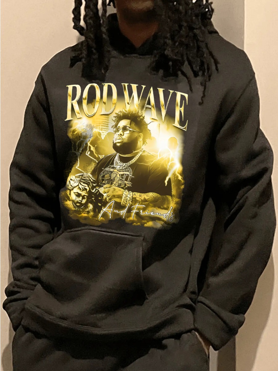 LW Men Figure Letter Print Kangaroo Pocket Hoodie