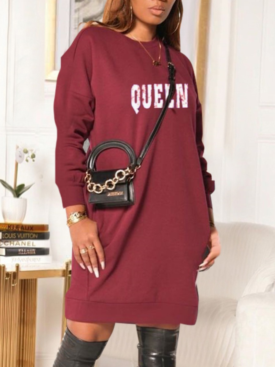 LW Dropped Shoulder Queen Letter Print Sweat Dress