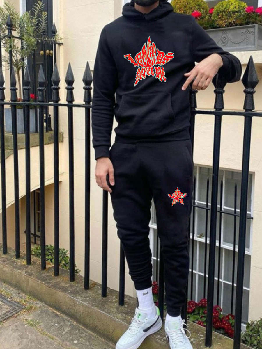 LW Men Letter Print Kangaroo Pocket Tracksuit Set