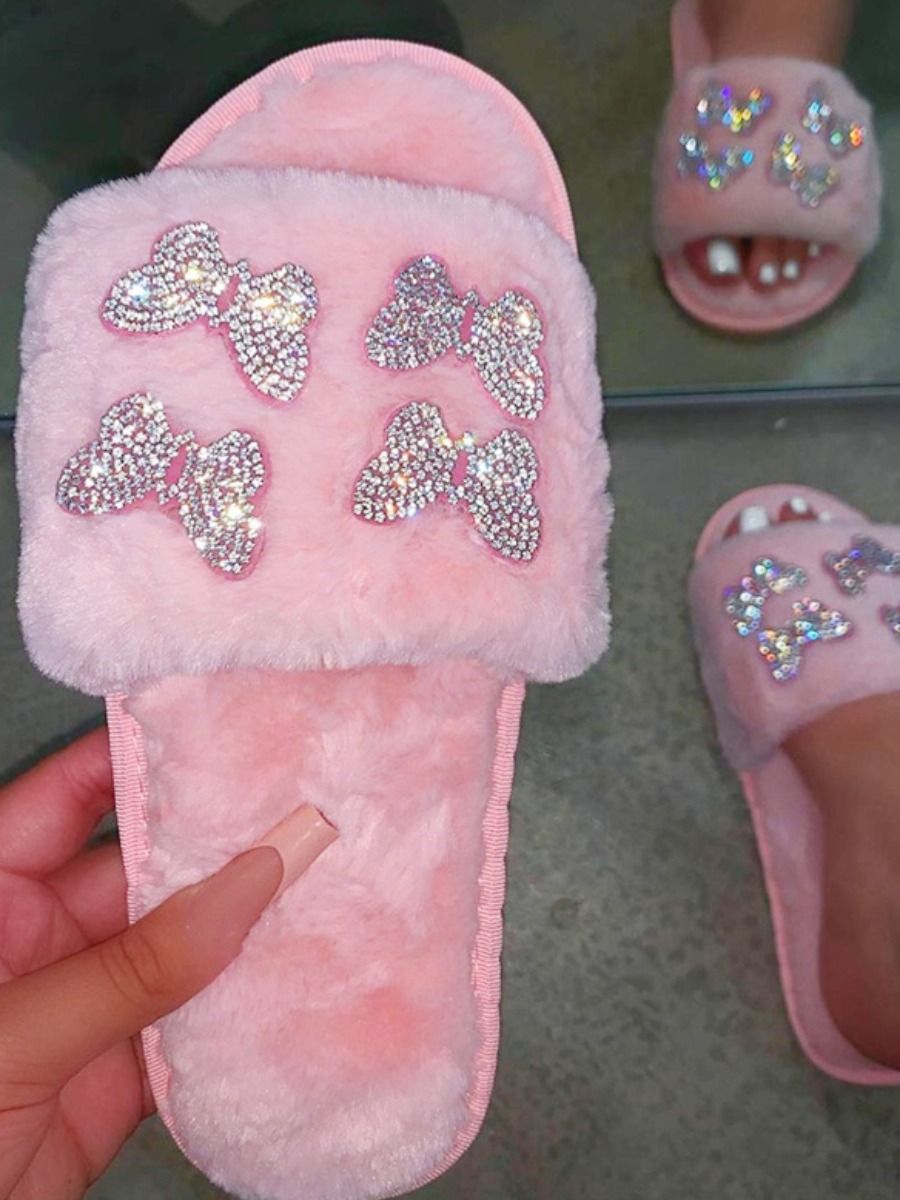 LW Rhinestone Butterfly Decor Plush Slippers