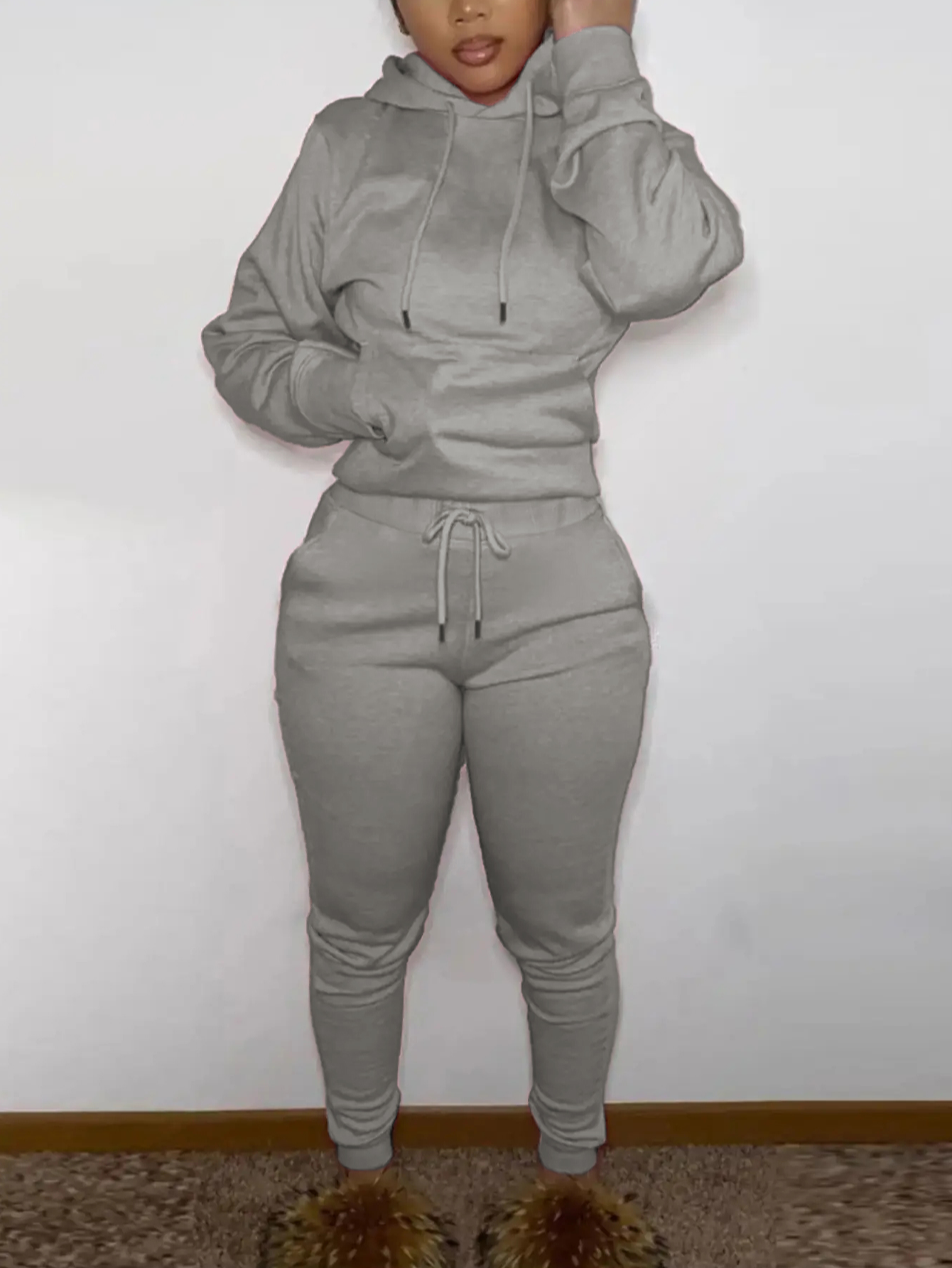 LW BASICS Hooded Collar Kangaroo Pocket Tracksuit Set