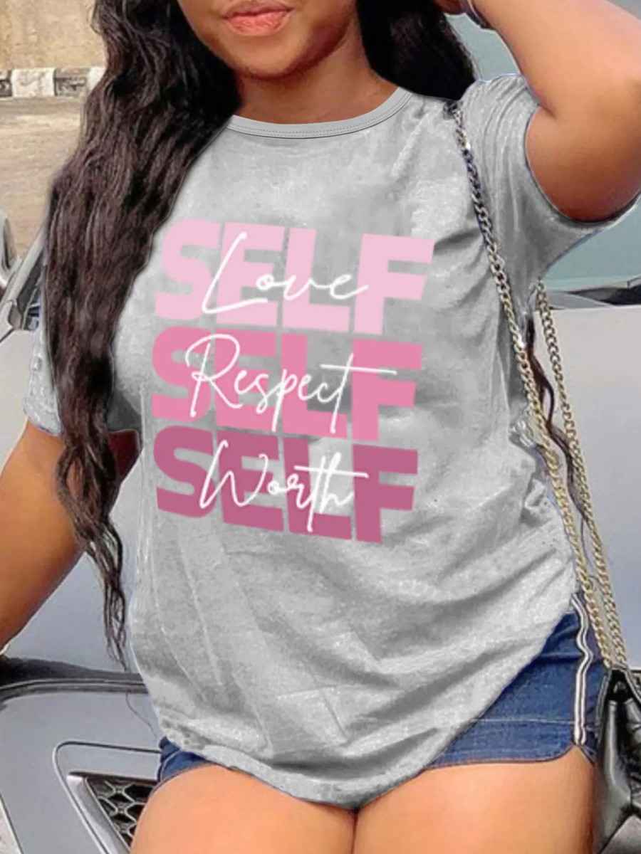 LovelyWholesale Round Neck Gradient Letter Print T-shirt Summer Short Sleeve Casual Basic Round Neck Spring Summer 2024