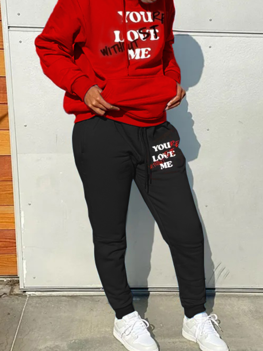 LW Plus Size Letter Print Kangaroo Pocket Tracksuit Set