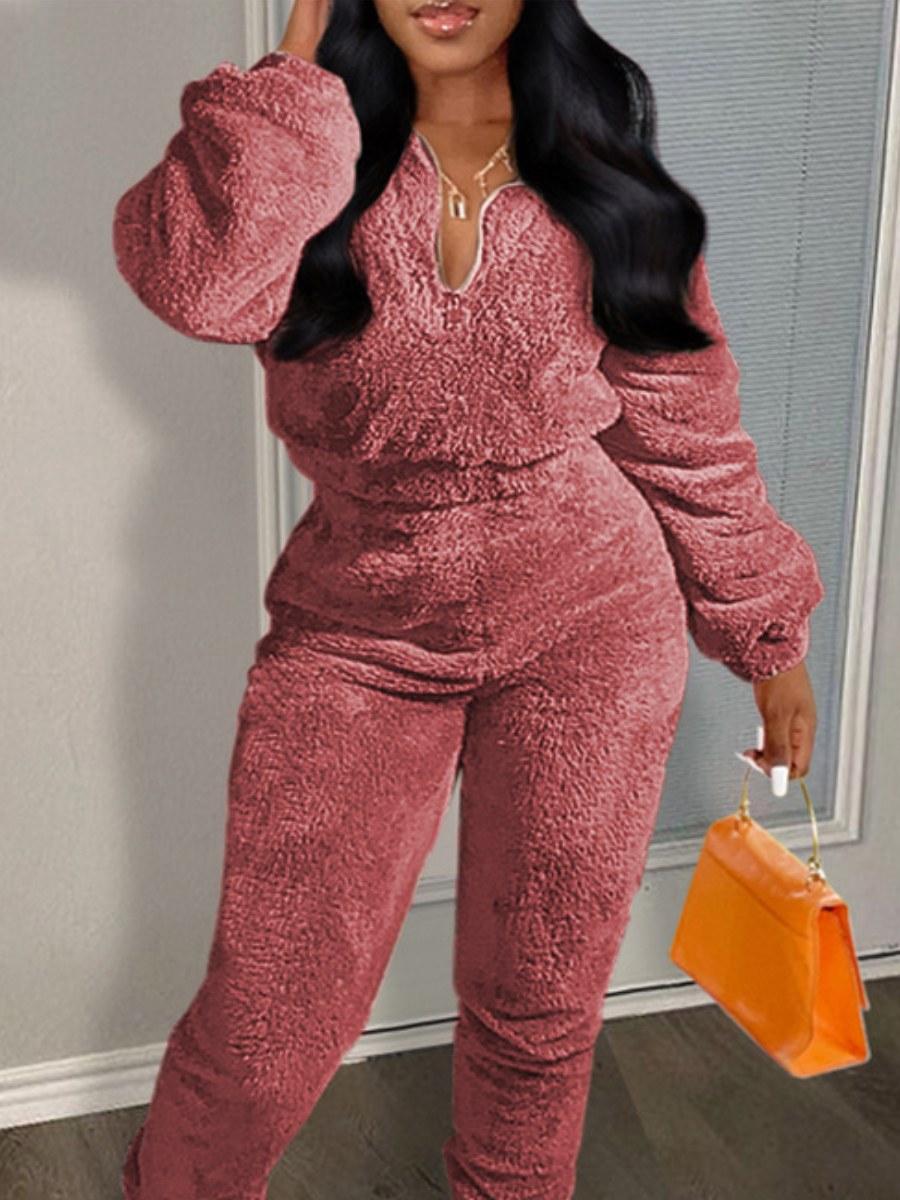 LW BASICS Zipper Design Teddy Pants Set
