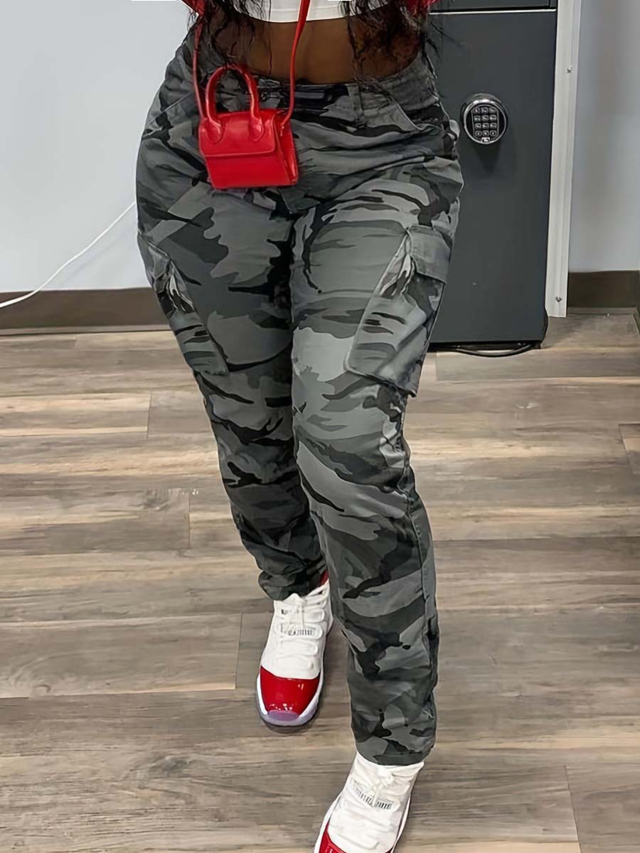 LW Plus Size High Waist Pocket Design Zipper Pattern Camo Skinny Pants