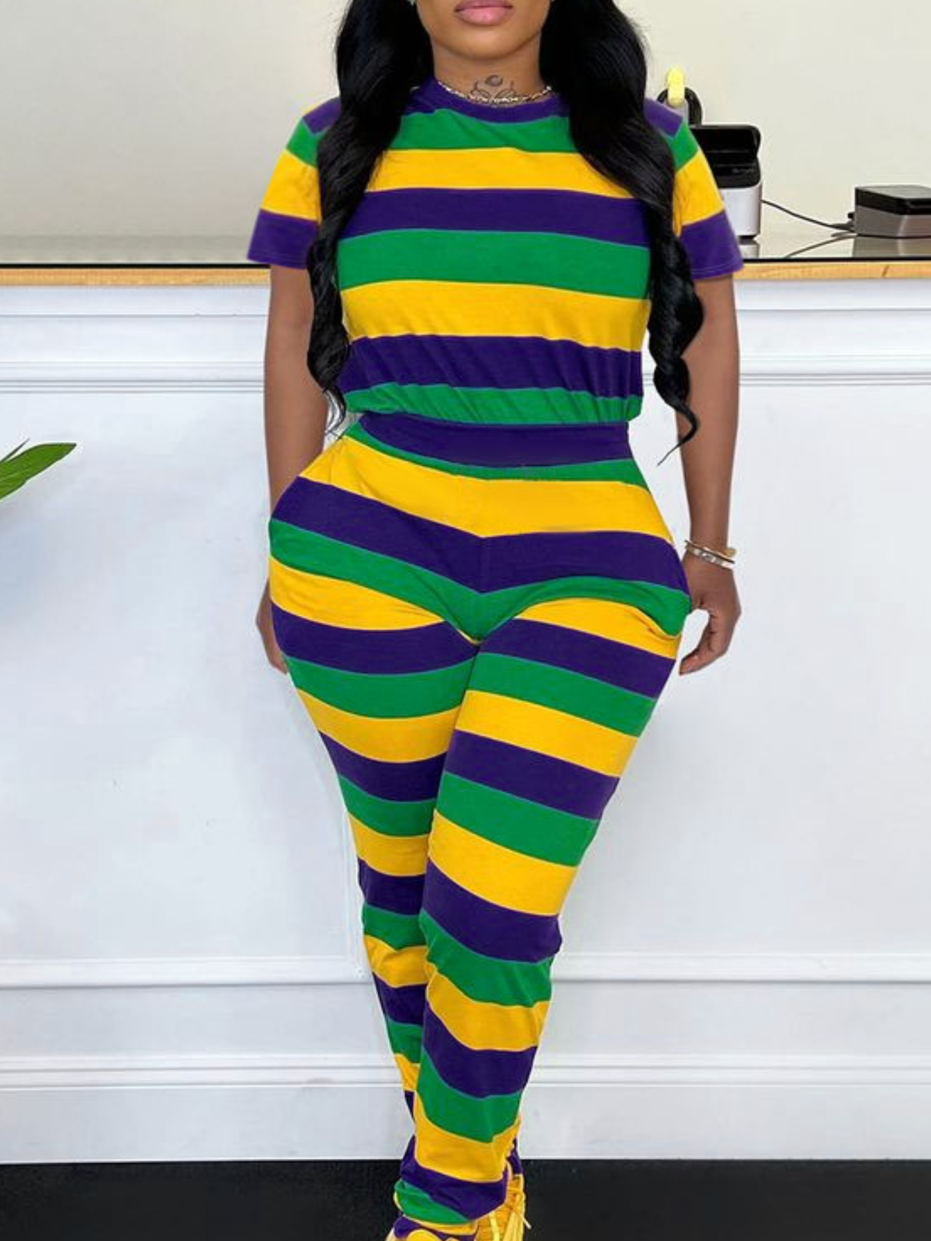 LW BASICS Plus Size Striped Patchwork Pants Set