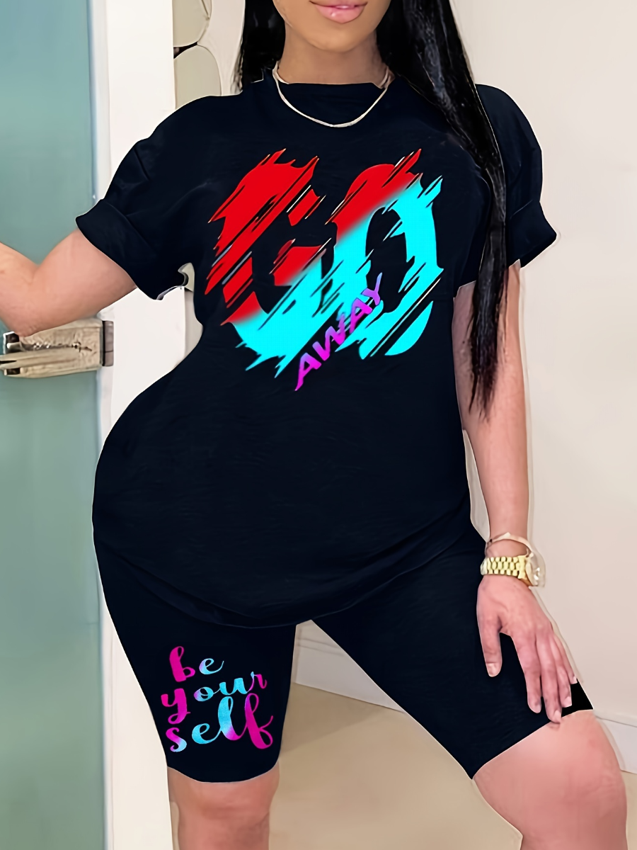LW BASICS Plus Size Sportswear O Neck Letter Print Black Two-piece Shorts Set