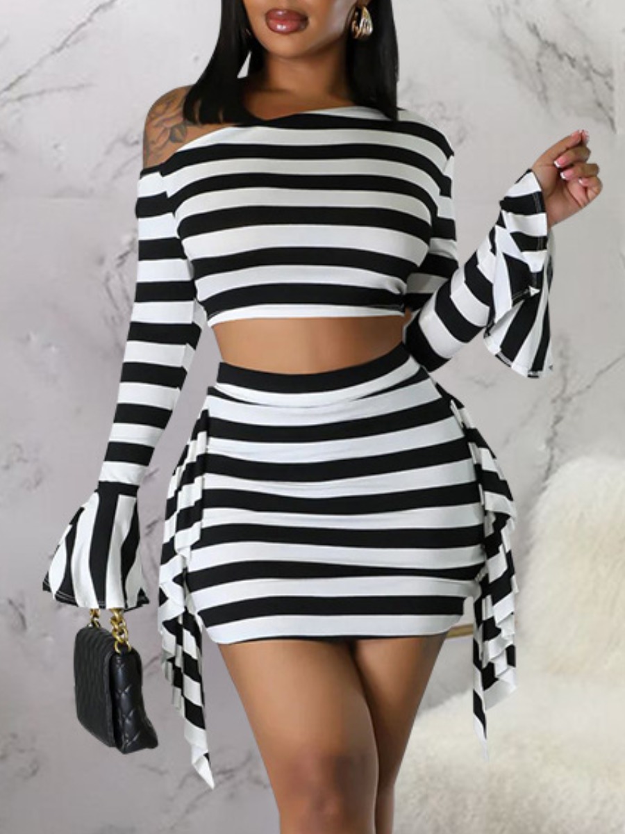 LovelyWholesale Crop Top Tassel Design Striped Skirt Set Spring Long Sleeve Casual Tassel Design One Shoulder Spring Summer 2024