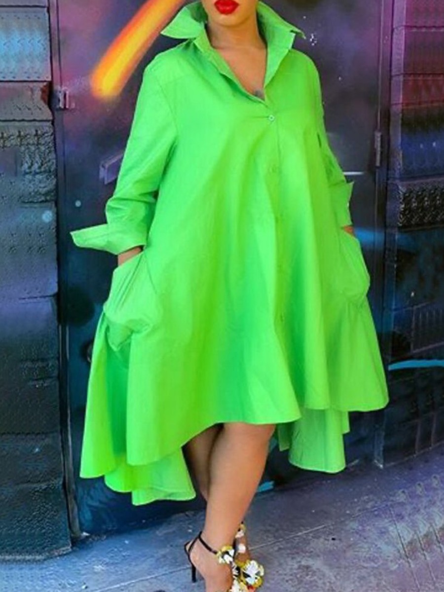 LovelyWholesale Plus Size Pocket Design Shirt Loose Dress Fall Long Sleeve Casual Turndown Collar  5X Spring Summer 2024