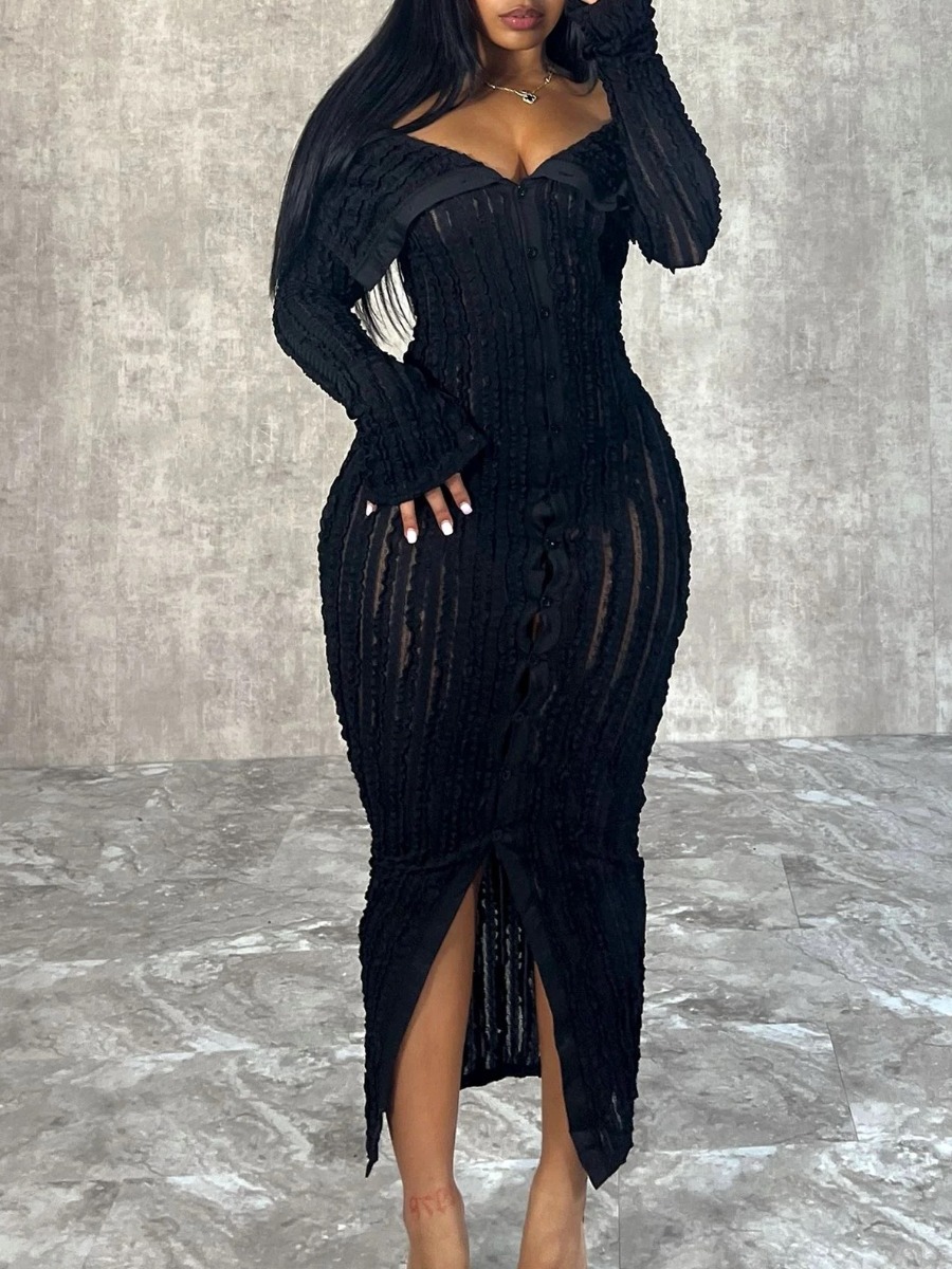 LW Off The Shoulder See Through Slit Bodycon Dress