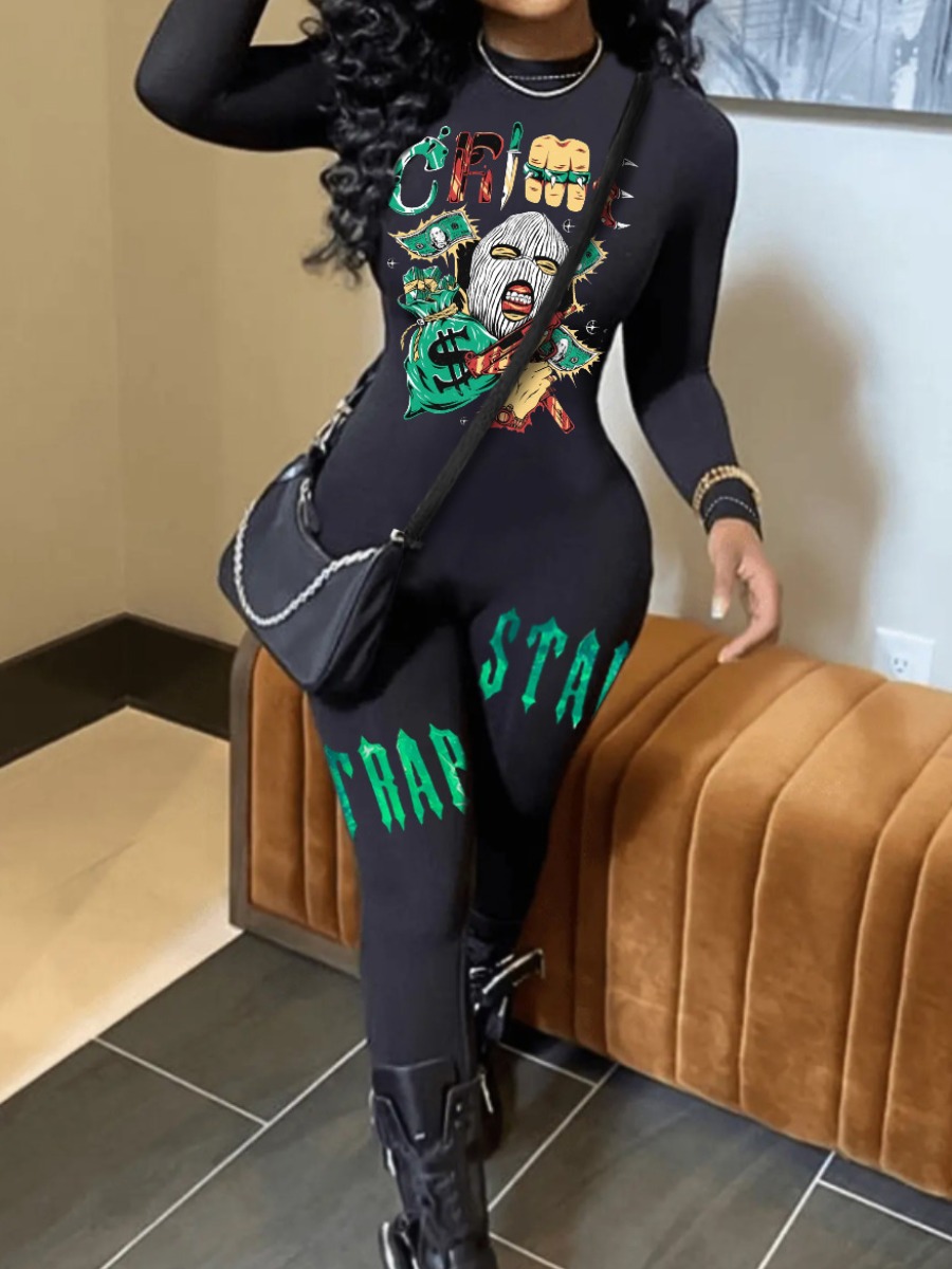 LovelyWholesale Plus Size Money Masked Face Letter Print Skinny Jumpsuit Fall Long Sleeve Casual Pattern Round Neck  3X Spring Summer 2024
