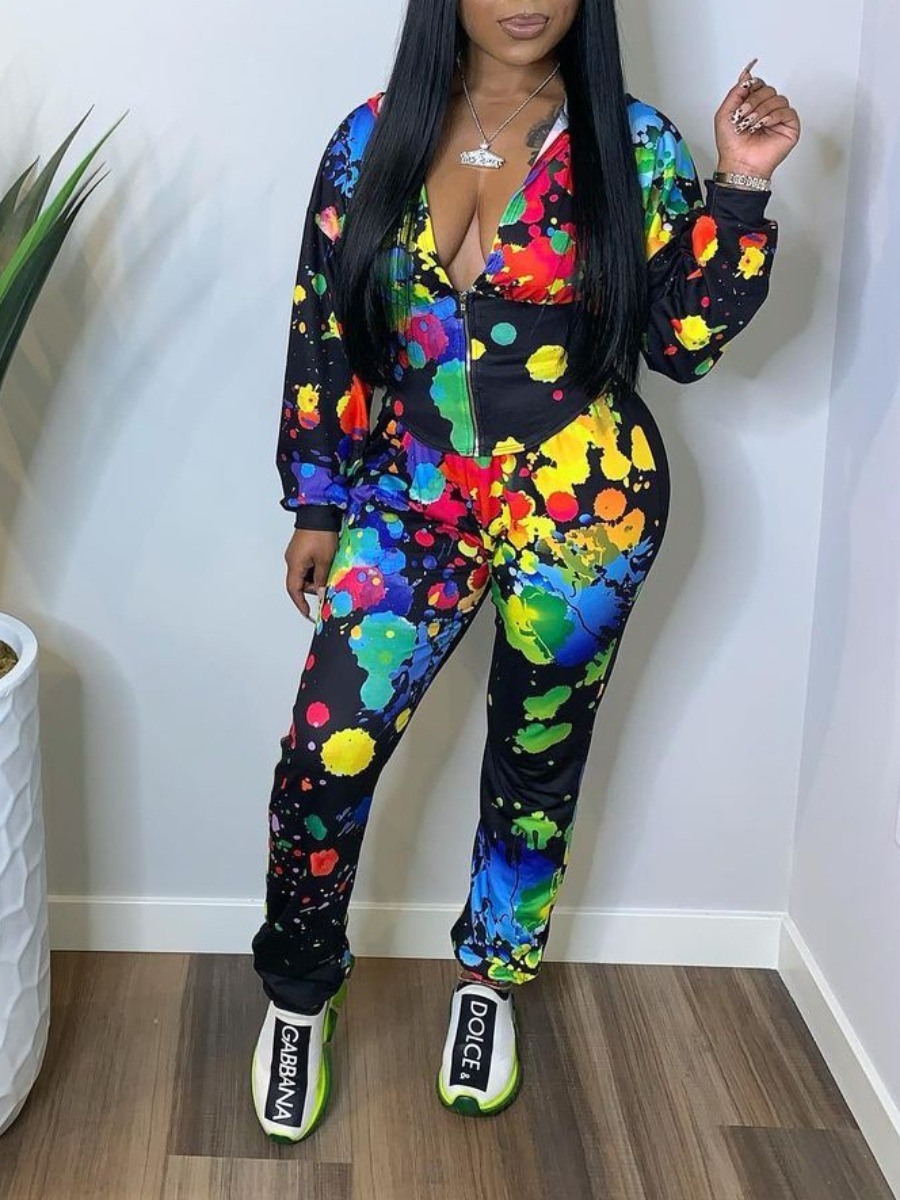 LW Plus Size Splash Ink Zipper Design Pants Set