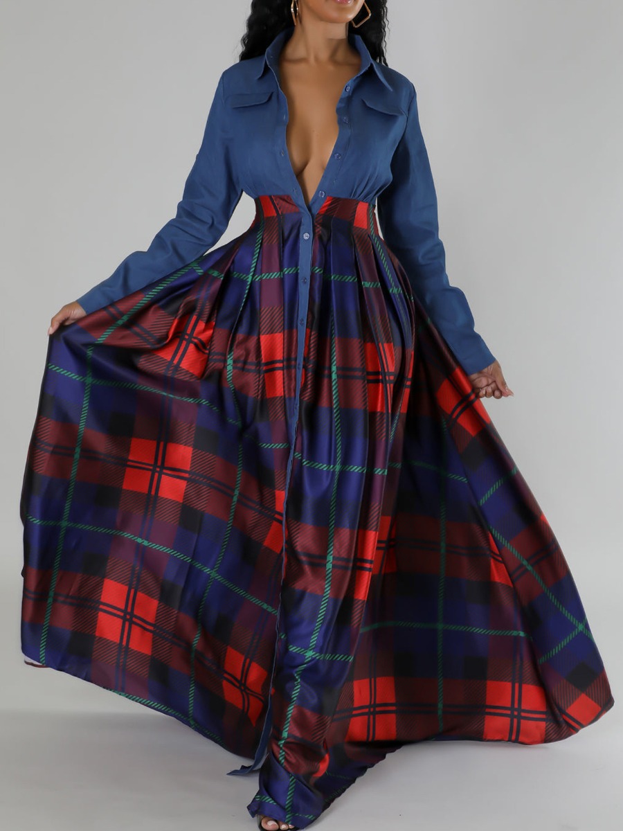 LovelyWholesale Plus Size Plaid Print A Line Shirt Dress Fall Long Sleeve Elegant Turndown Collar  3X Spring Summer 2024